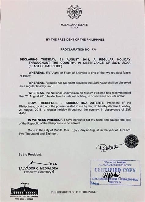 August 21 declared regular holiday for Eid'l Adha .